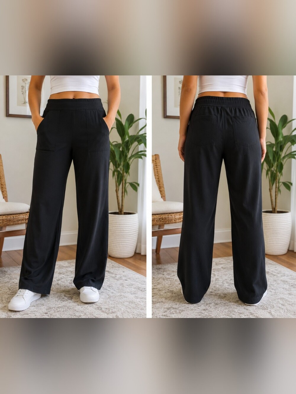 Athleta Black Wide Leg Travel Pants Size 8 Stretch Pull-On Pocket Pants Athleisu